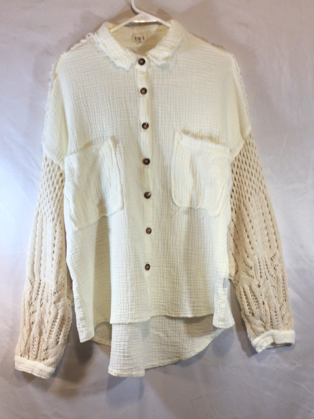 POL Oversized Slouchy Crochet Button Shirt S Cream Gauze Long Sleeve lagenlook